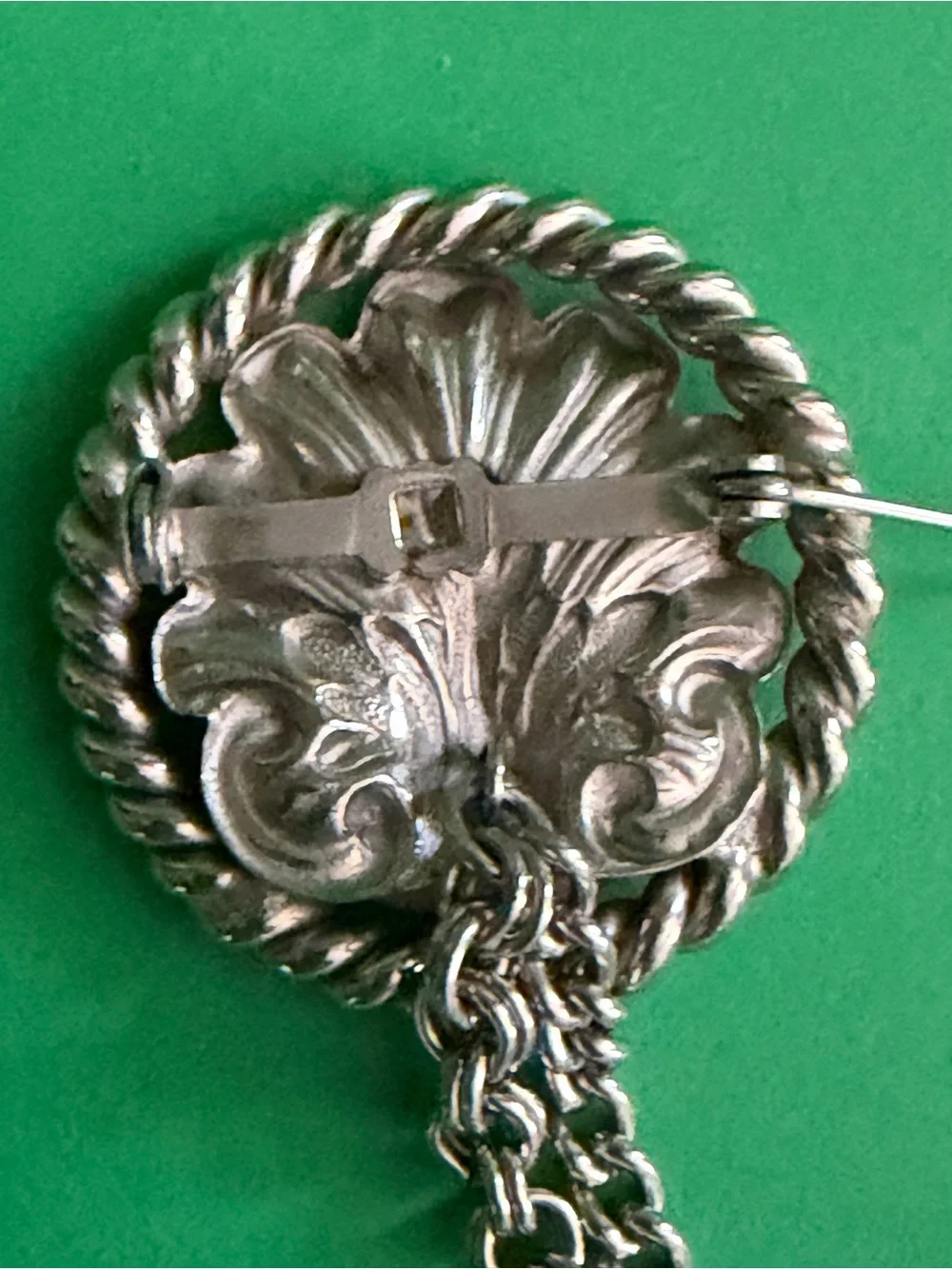 Vintage Heraldic Chatelaine double pin Brooch Silver-tone Green and Blue Enamel